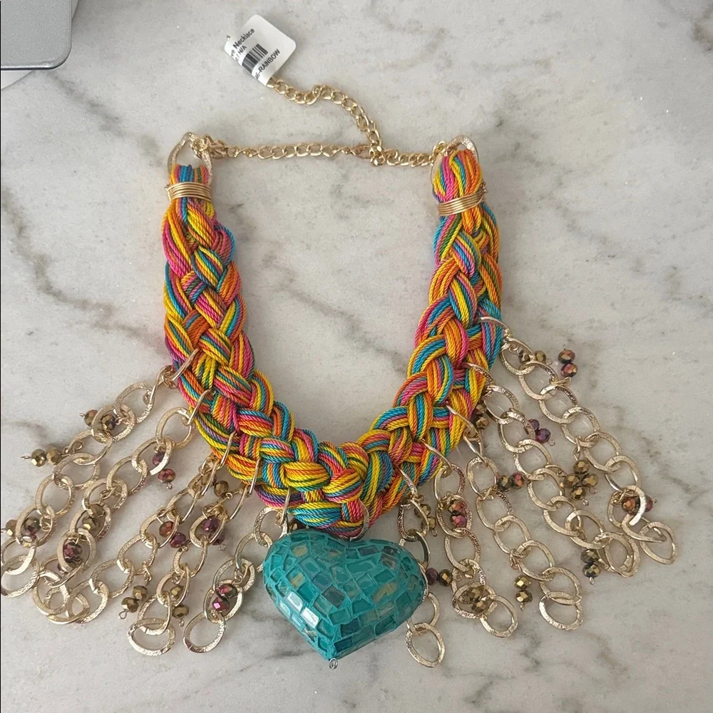 Braided Rainbow Love Statement Necklace with Gold Tone Accents-NWT!! - Picture 6 of 6
